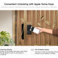 Person using a smartphone to unlock a door with text about Apple Home Keys.