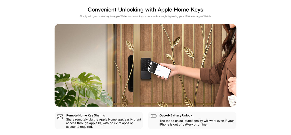 Built-in doorbell button integrates with the Aqara Doorbell Camera Hub G410 so you can see who's at the gate and unlock directly from the Apple Home app.