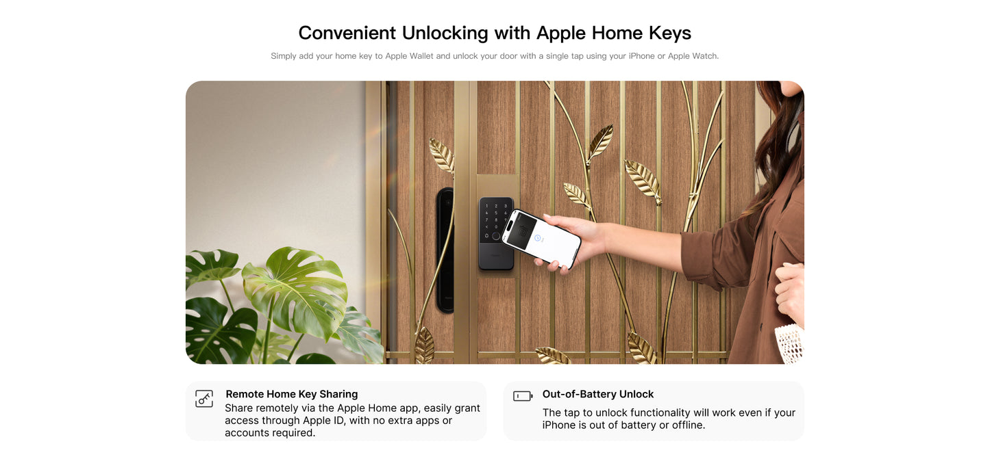 Person using a smartphone to unlock a door with text about Apple Home Keys.