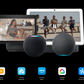 Smart home device with screen displaying people and text about Matter over Thread compatibility.