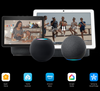 Smart home device with screen displaying people and text about Matter over Thread compatibility.