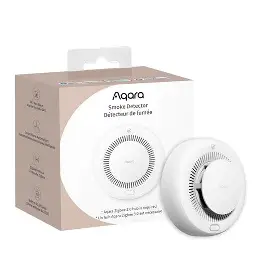 Smart Smoke Detector beside its packaging on a white background