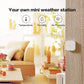 Temperature & Humidity Sensor T1 mounted on a wall with 'Your own mini weather station' text and icons for temperature, humidity, and air pressure.