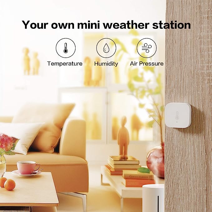 Temperature & Humidity Sensor T1 mounted on a wall with 'Your own mini weather station' text and icons for temperature, humidity, and air pressure.