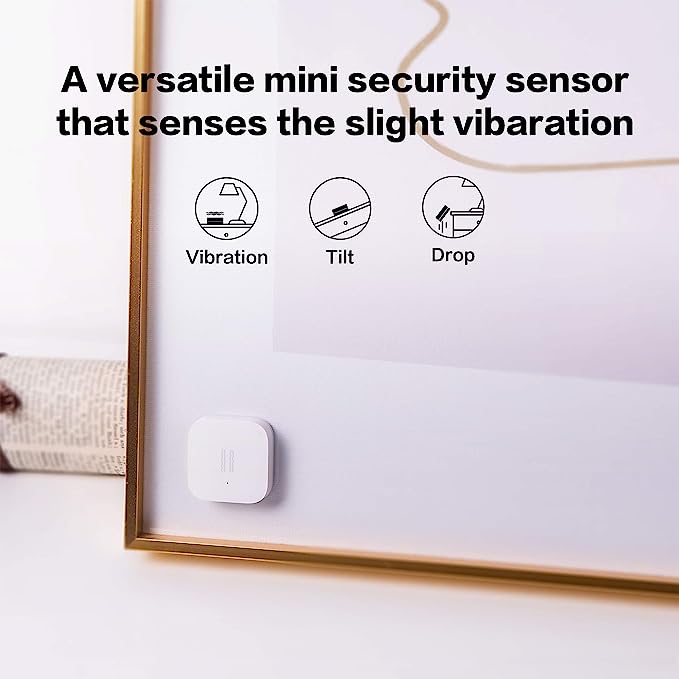 Temperature & Humidity Sensor T1 mounted on a painting with a text describing its tilt and vibration detection options