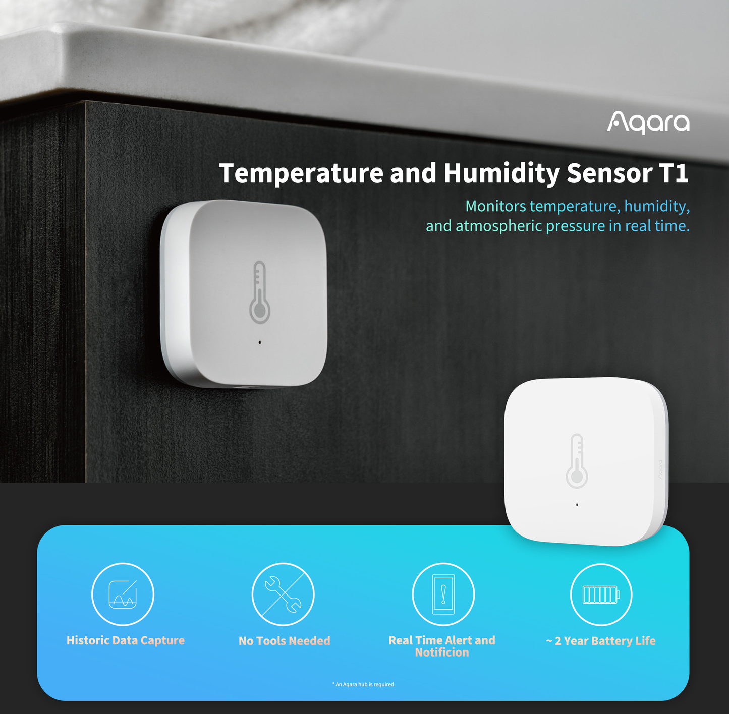 Aqara Temperature and Humidity Sensor on a black surface with product features highlighted.