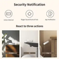 Security notification system with icons for action detected, trigger sound alarm of hub, and app notification for the Vibration sensor T1.