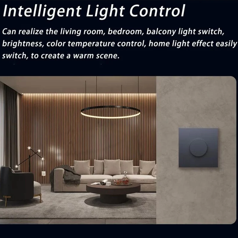 Living room with modern light fixture and wall-mounted control panel, featuring text about intelligent light control for the wall mounted AQARA Smart Rotary Knob H1.