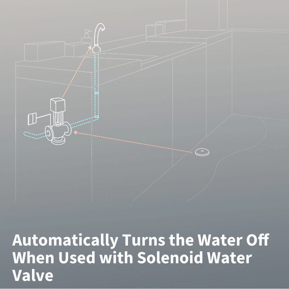 Water Leak Sensor T1 automatically turns the water off when used with solenoid water valve