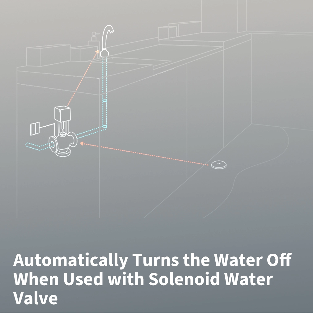 Water Leak Sensor T1 automatically turns the water off when used with solenoid water valve