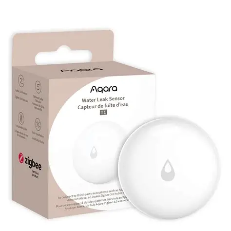 Water Leak Sensor T1 beside its packaging with product on a white background