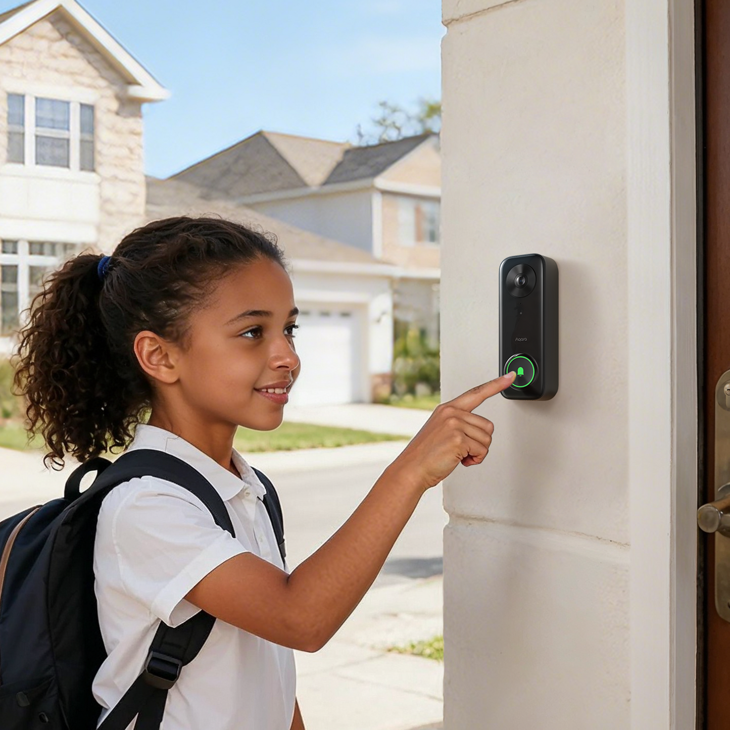 Child pressing the Wired Doorbell Camera G400 button on a house exterior