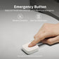 Hand pressing the Wireless Mini Switch T1 configured as an emergency button with text highlighting features on a gray background