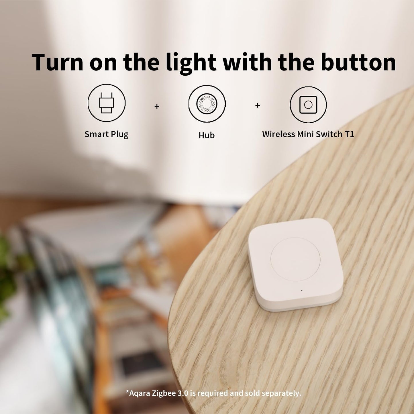 Wireless Mini Switch T1 on a wooden surface with text about controlling lights.