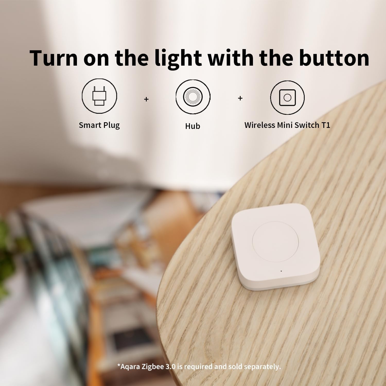 Wireless Mini Switch T1 on a wooden surface with text about controlling lights.