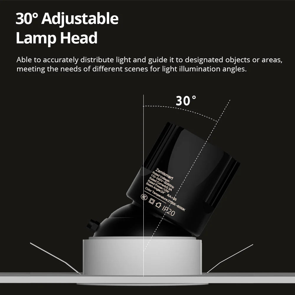 Adjustable spotlight head tilted to direct focused illumination towards a wall or display.