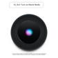 A black smart home speaker device with a circular mesh grille and a glowing multicolor iris sensor in the center, shown on a white background with Siri movie mode text.