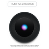 A black smart home speaker device with a circular mesh grille and a glowing multicolor iris sensor in the center, shown on a white background with Siri movie mode text.
