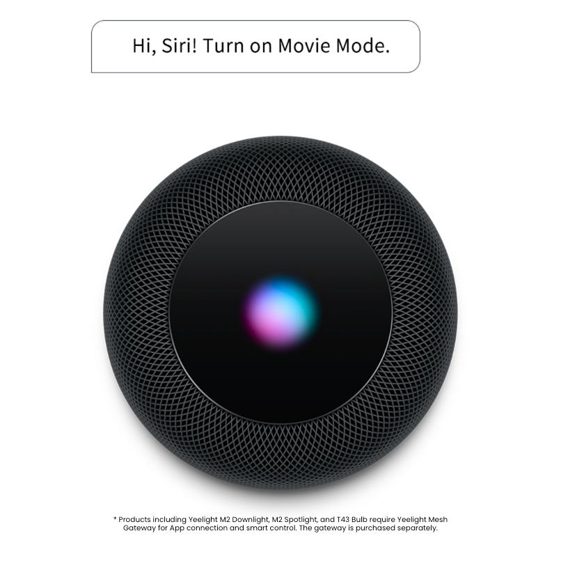 A black smart home speaker device with a circular mesh grille and a glowing multicolor iris sensor in the center, shown on a white background with Siri movie mode text.