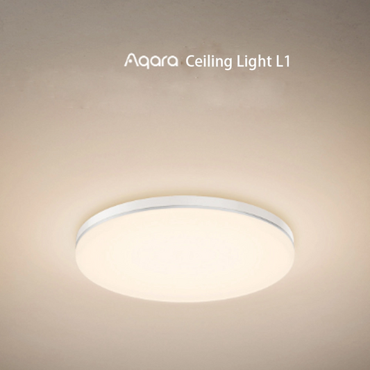 Aqara Ceiling Light L1 on a ceiling with Apple HomeKit compatibility logos.