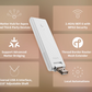 White USB device with features listed on a brown background