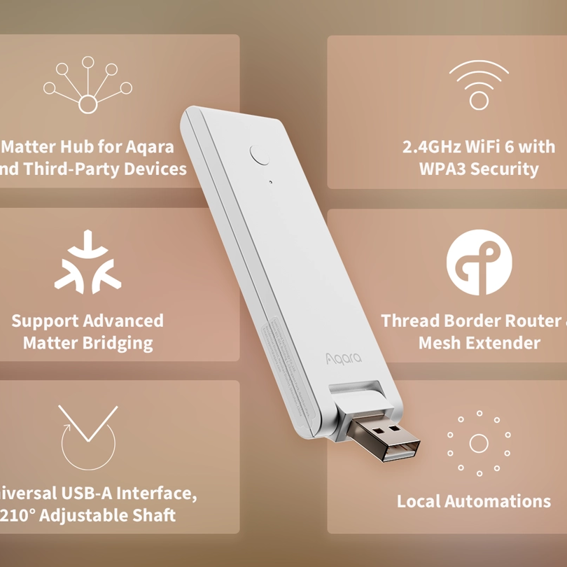 White USB device with features listed on a brown background