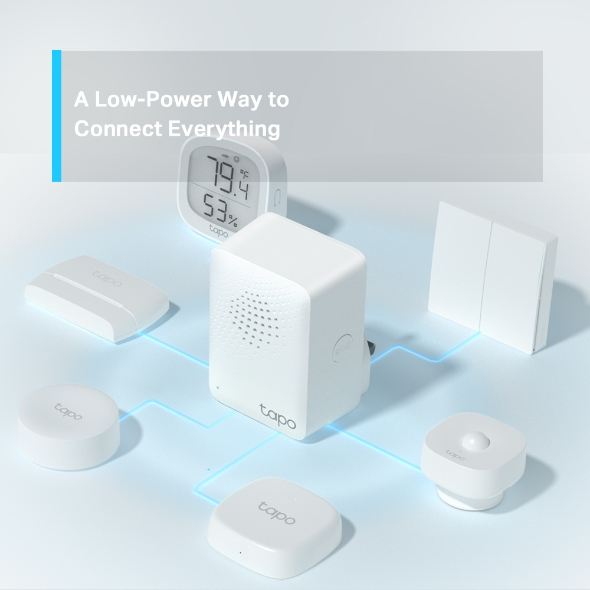 Compact hub that connects Tapo contact sensors motion sensors and buttons into a responsive smart home security network