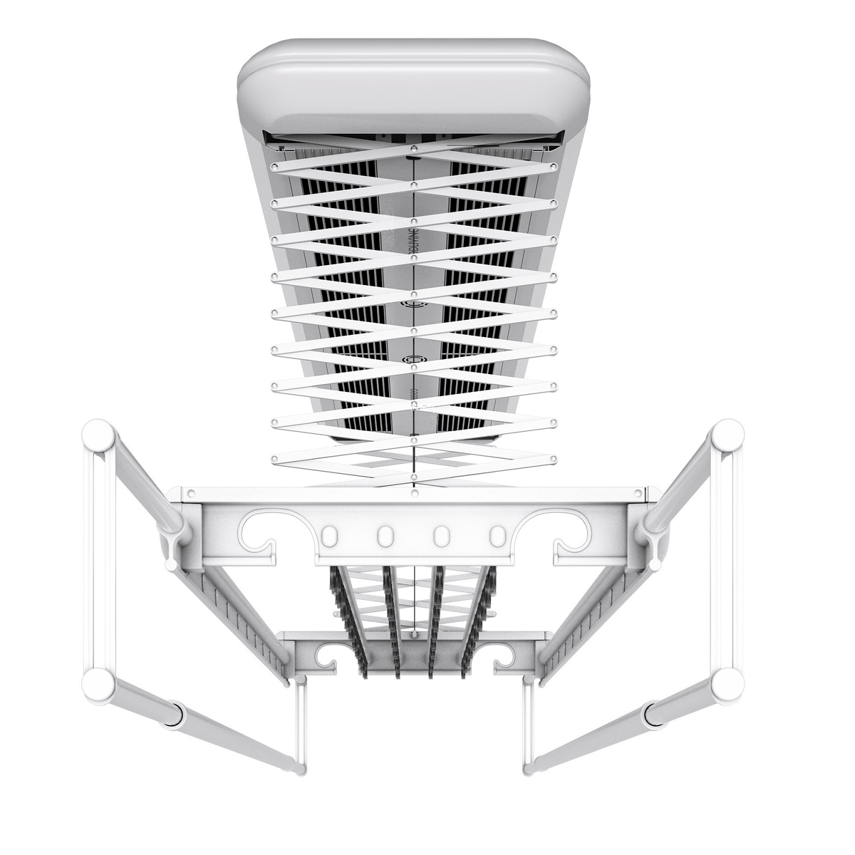Simple motorized lifting system lowers and raises drying poles at touch of button eliminating need for hand cranking or pulley systems