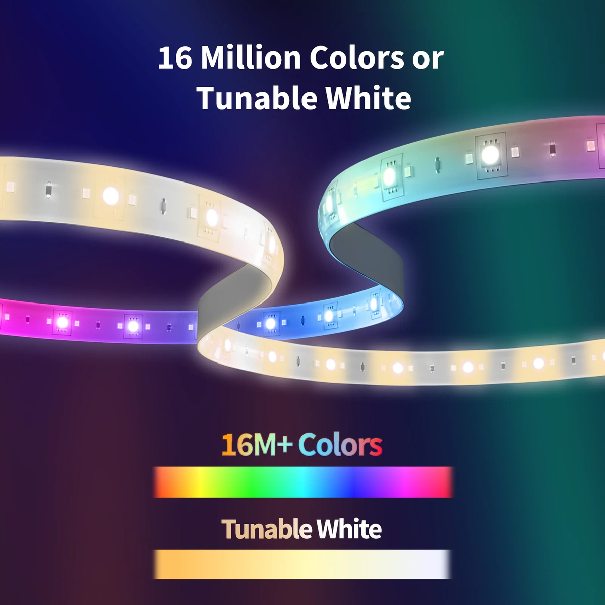A detailed shot of the Aqara LED Strip T1, showcasing its 2-meter flexible length and the vibrant, consistent color output across the strip. The black PCB and dense LED spacing are clearly visible, indicating high-quality construction.
