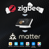 Zigbee and Matter logos with device illustration on a dark background